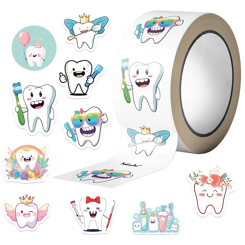 500 Sheets/roll Cartoon Protect Teeth Stickers For Kids Students Graffiti Laptop Stationery Cute Sticker Dental Clinic Gifts