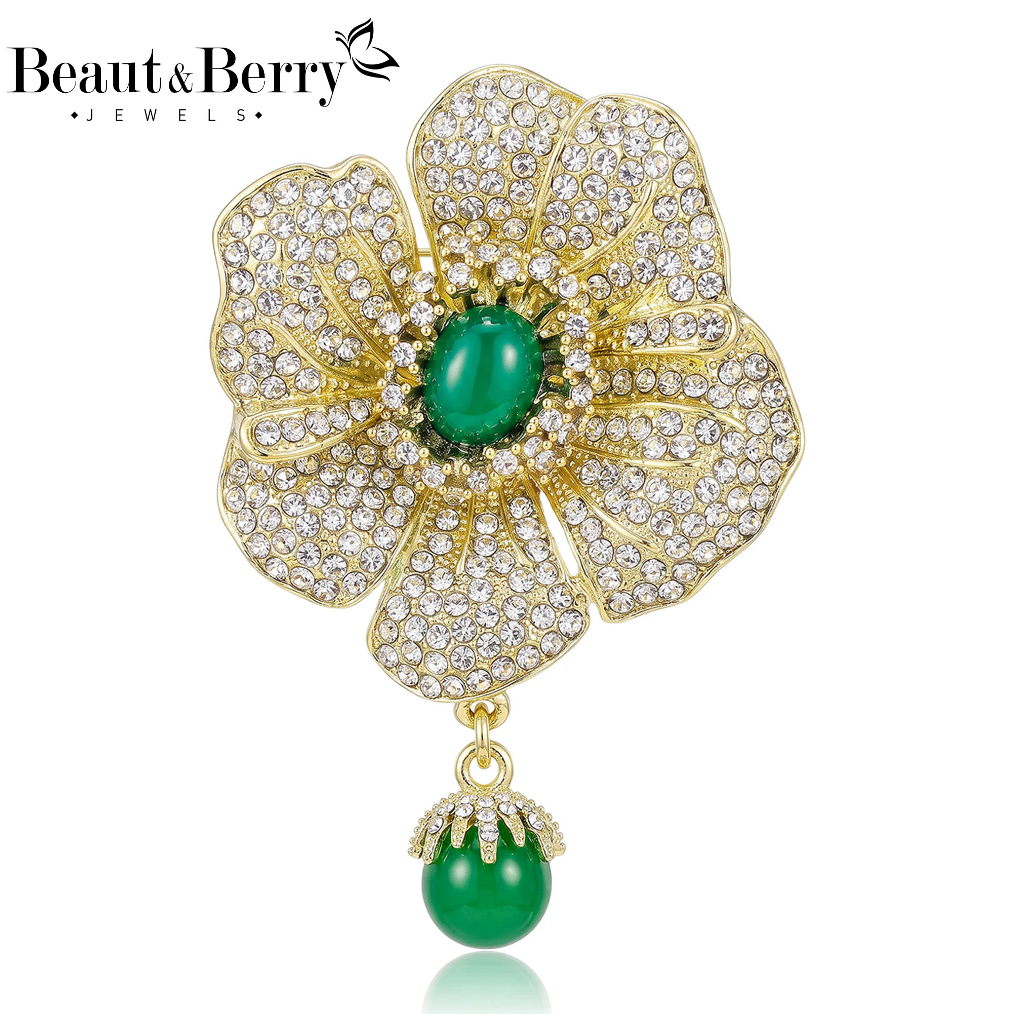 Beaut&Berry Luxury Rhinestone Peony Brooches for Women Unisex Plant Pins Casual Party Jewelry Accessories Gifts Decoration