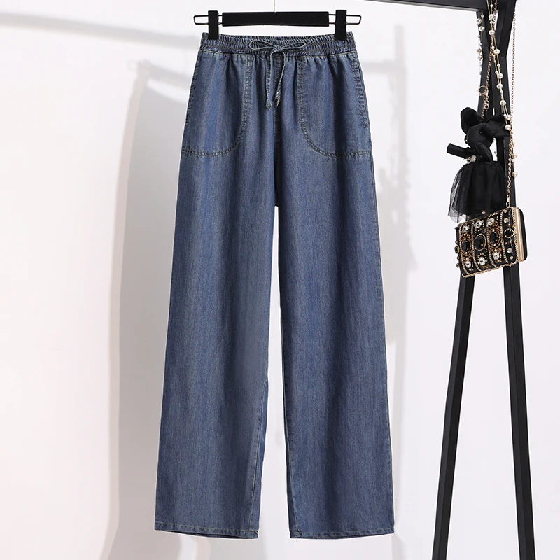 2024 New Arrival Summer High Waist Women Jeans Thin Cotton Denim Ankle-length Pants Elastic Waist Softener Wide Leg Pants V891