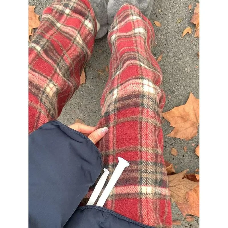 กางเกงขายาวลายสก็อตสีแดงเอวสูงทรงหลวมสบายๆ ช่วยพรางหุ่น ผ้าวูล ทรงขากว้าง สำหรับผู้หญิง ฤดูใบไม้ร่วง ฤดูหนาว