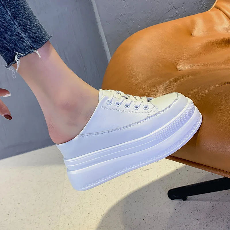 Fujin 8cm Genuine Leather Sneakers Platform Wedge Hidden Heel Booties Autumn Ankle Boots Non Slip Flats Women\'s Slippers Shoes