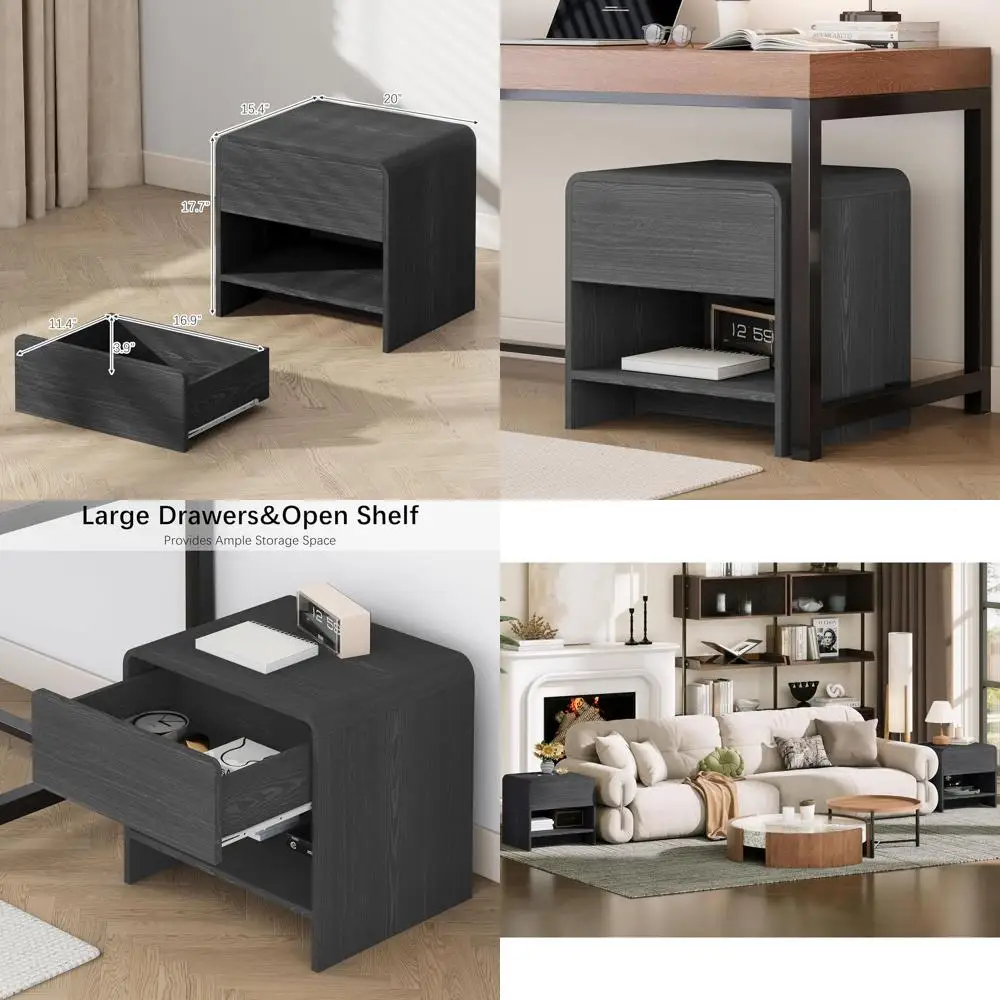 

Farmhouse Style Wood Nightstand with Drawer and Open Shelf, Boho Bedroom End Table, Small Sofa Side Table for Living Room, Black