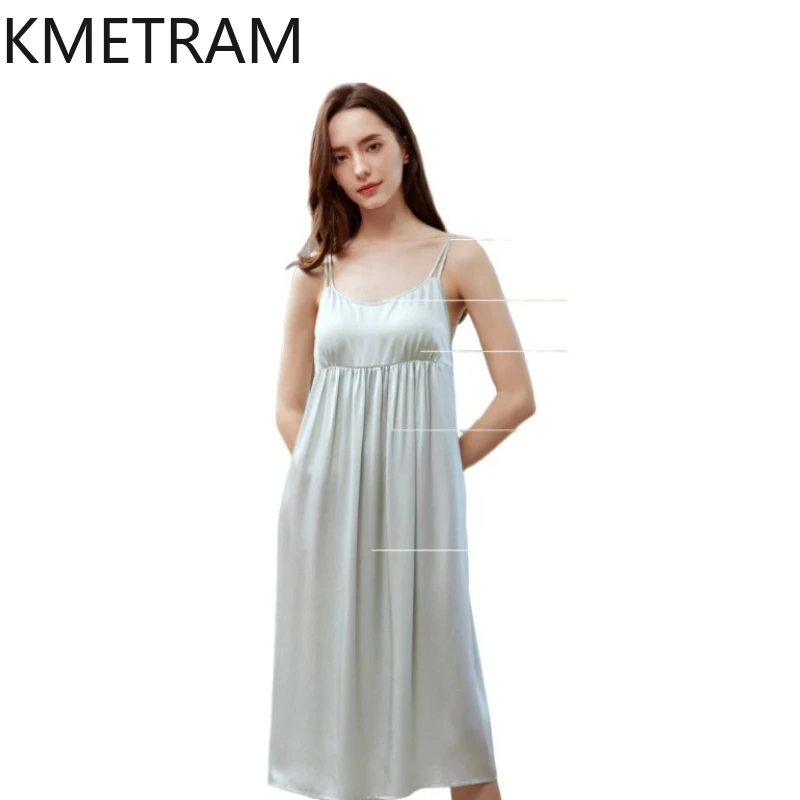 KMETRAM 19MM 100% mulberry silk Night Dress Sexy Built-in Bra Nightgowns Long Slip Dresses Summer Sleepwear Women Clothing 2026