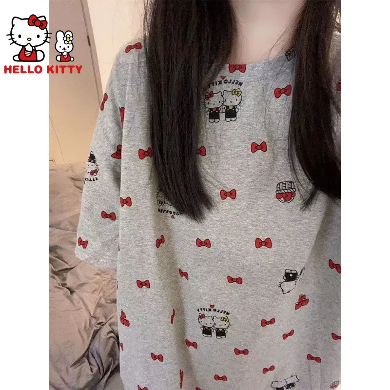 150kg Large Size Hello Kitty Pajamas Sleepwear Loose Nightdress Women Cute Print Loungewear Comfy Cotoon Summer New Home Wear