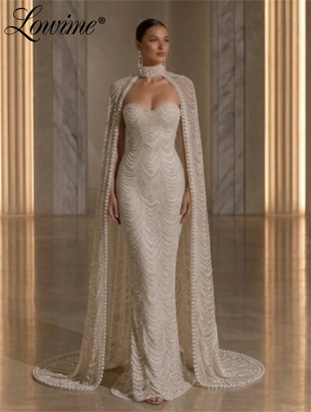 Off White Pearls Mermaid Long Cape Dubai Arabia Luxury Evening Dresses Gowns For Formal Occasion Wedding Party Dress Customized