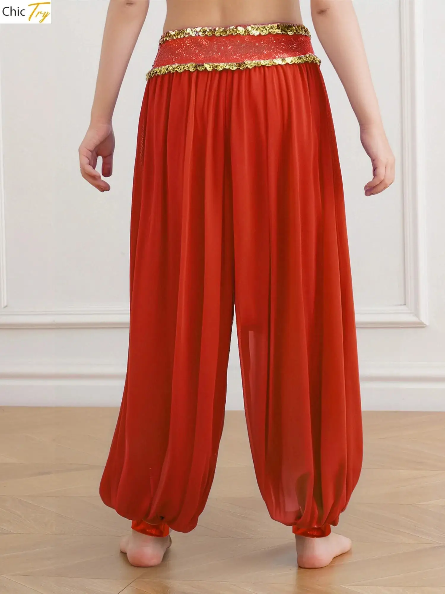 Pantaloni da costume da danza del ventre da principessa araba per ragazze Pantaloni lunghi da danza indiana Cintura dorata Pantaloni da ballo Harem in chiffon vestibilità ampia