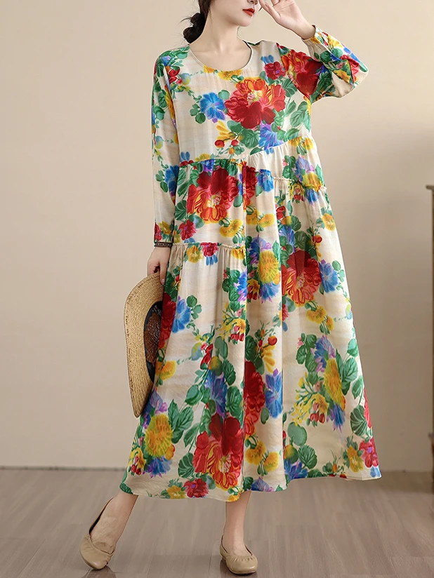 فستان فضفاض بأكمام طويلة من الكتان والقطن بطباعة فنية، تصميم على شكل حرف A، أسلوب عملي للربيع والخريف، فستان كاجوال