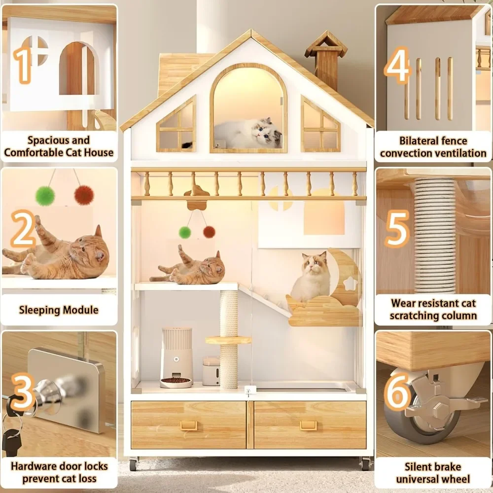 Cat House Indoor Cage Cat Enclosure on Wheels,Wooden Cat House Large Space with Scratching Post, Multi-Feature Enclosed