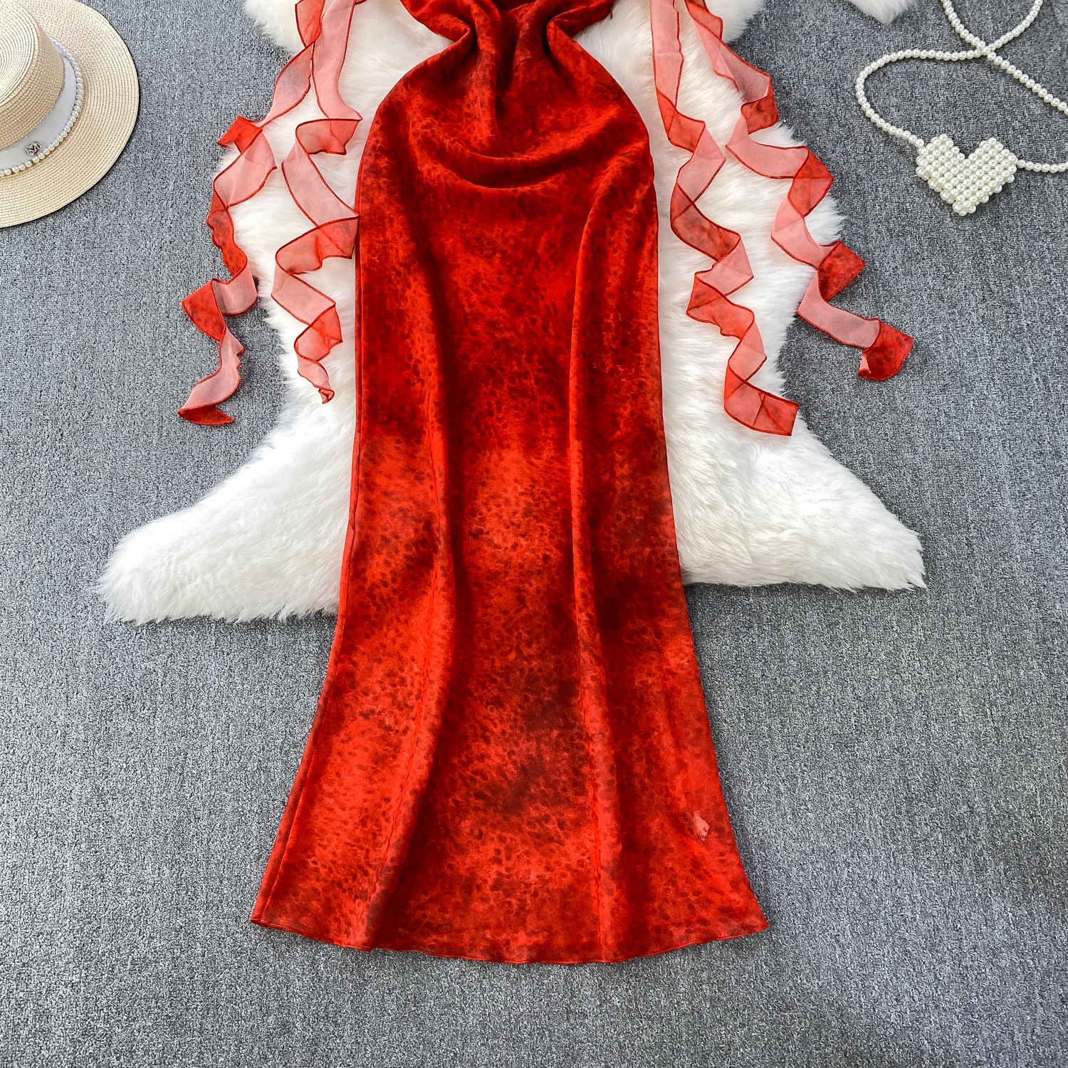 Foamlina francés Retro elegante Tie Dye cuello vuelto vestido de tirantes Halter mujeres diseño de verano sentido fluido cinta cola de pez Maxi vestido