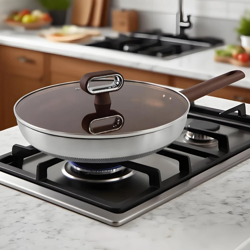 Titanium Shield Frying Pan with Lid, 304 Stainless Steel No Coating Non-stick Skillet for Steak Egg Cooking
