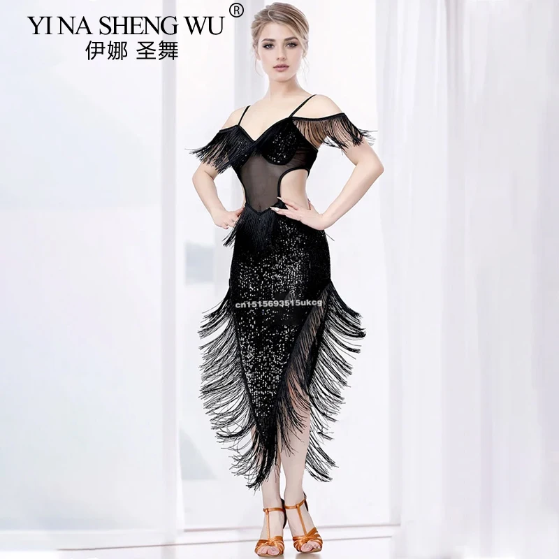 

Платье для латинских танцев, платье с пайетками, танцевальное платье, танцевальное платье с бахромой, ажурное нерегулярное платье для латинских танцев, сценический костюм