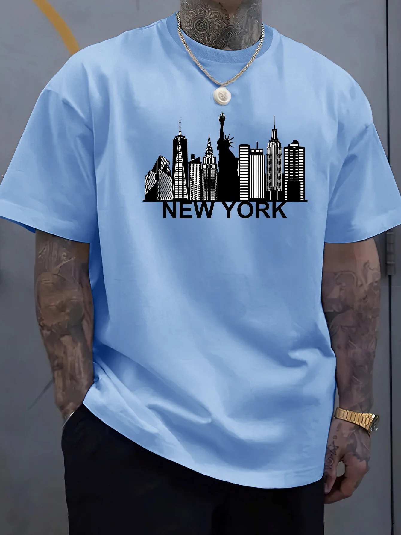 100% pure cotton men's New York city pattern printed fashionable casual loose sports round neck short sleeved T-shirt top