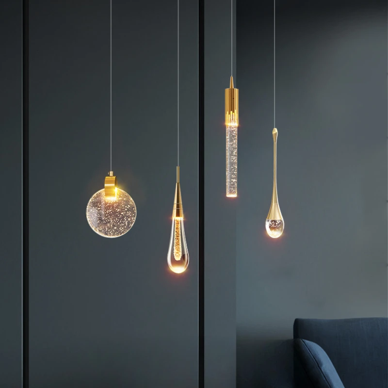 

Bedroom Single Head Water Droplet Pendant Light, Internet Famous Light Luxury Bedside Table, Crystal Hanging Line Light