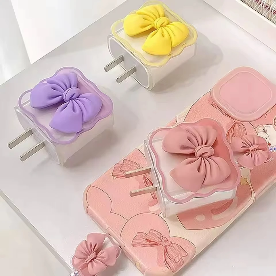 5Pcs/set Charge Cable Protective Case For iPhone 17 16 15 18W/20W Pink Bow Charging Line Winder Adapter Sleeve Protector Cover