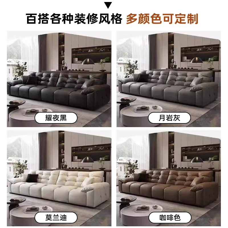 Sofá italiano minimalista de cuero con respaldo alto, sofá de fila recta para el hogar de piel de vaca de primera capa para sala de estar