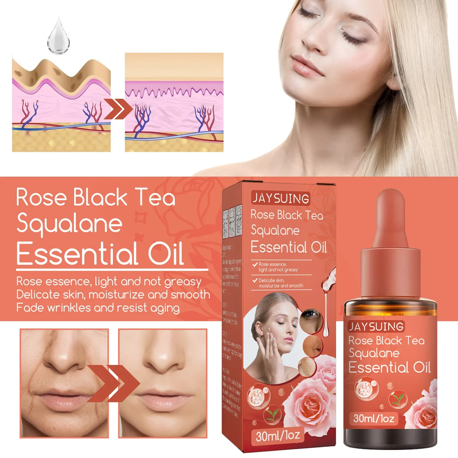 Rose Black Tea Squalane Essential Oil Facial Essence Delikatna skóra, nawilżająca i gładka, lekka i nie tłusta, 30ml