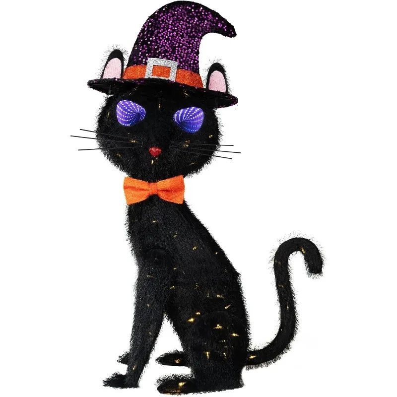 

Декор для Хэллоуина «Черный кот» 3,5 фута, мигающие глаза, страшный декор для кошки на Хэллоуин с шляпой ведьмы, черный кот с подсветкой и 125 светодиодами для улицы
