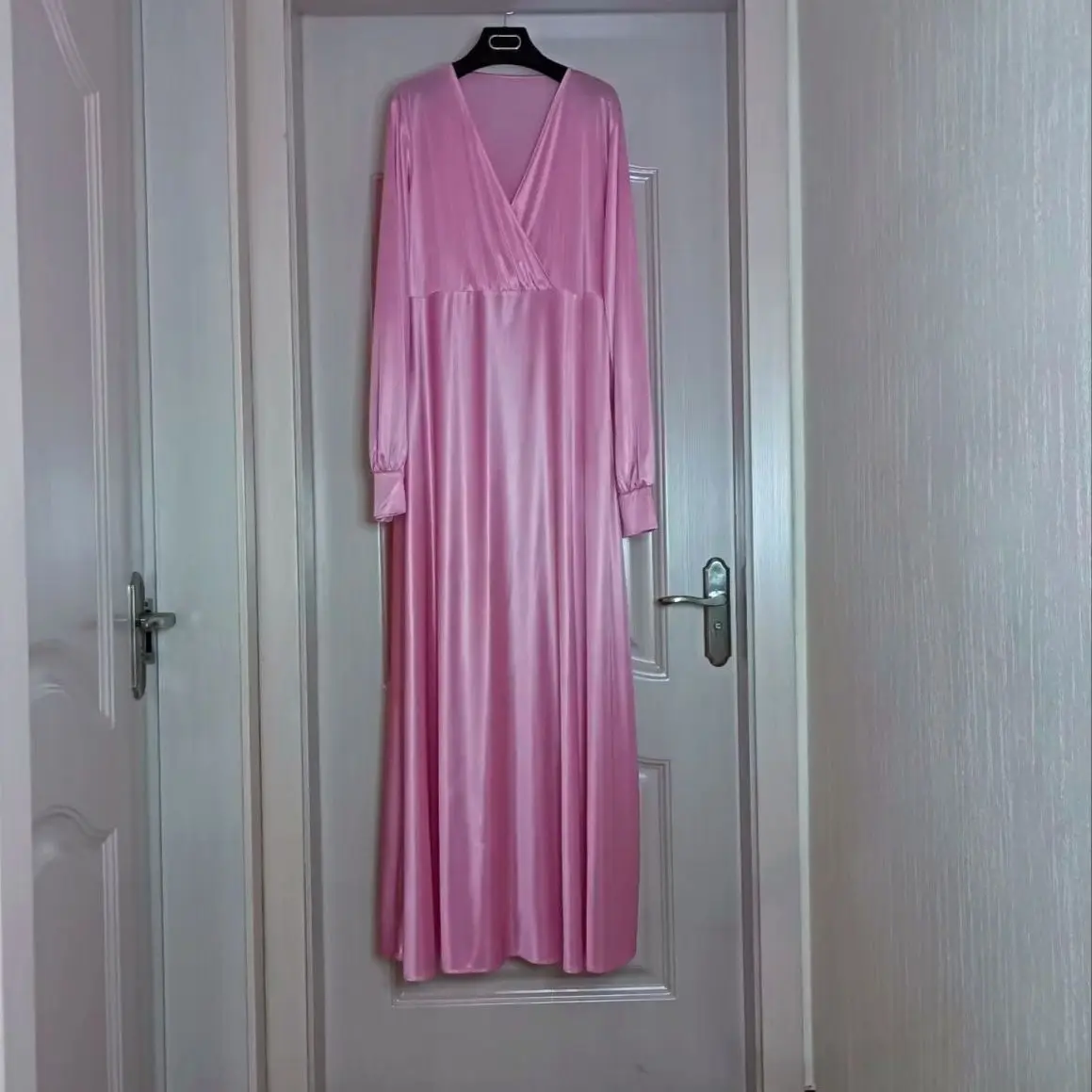 Glossy Sexy Women Satin Long Dress Long Sleeve Loose Night Dress Plus Size Sleeping Robe