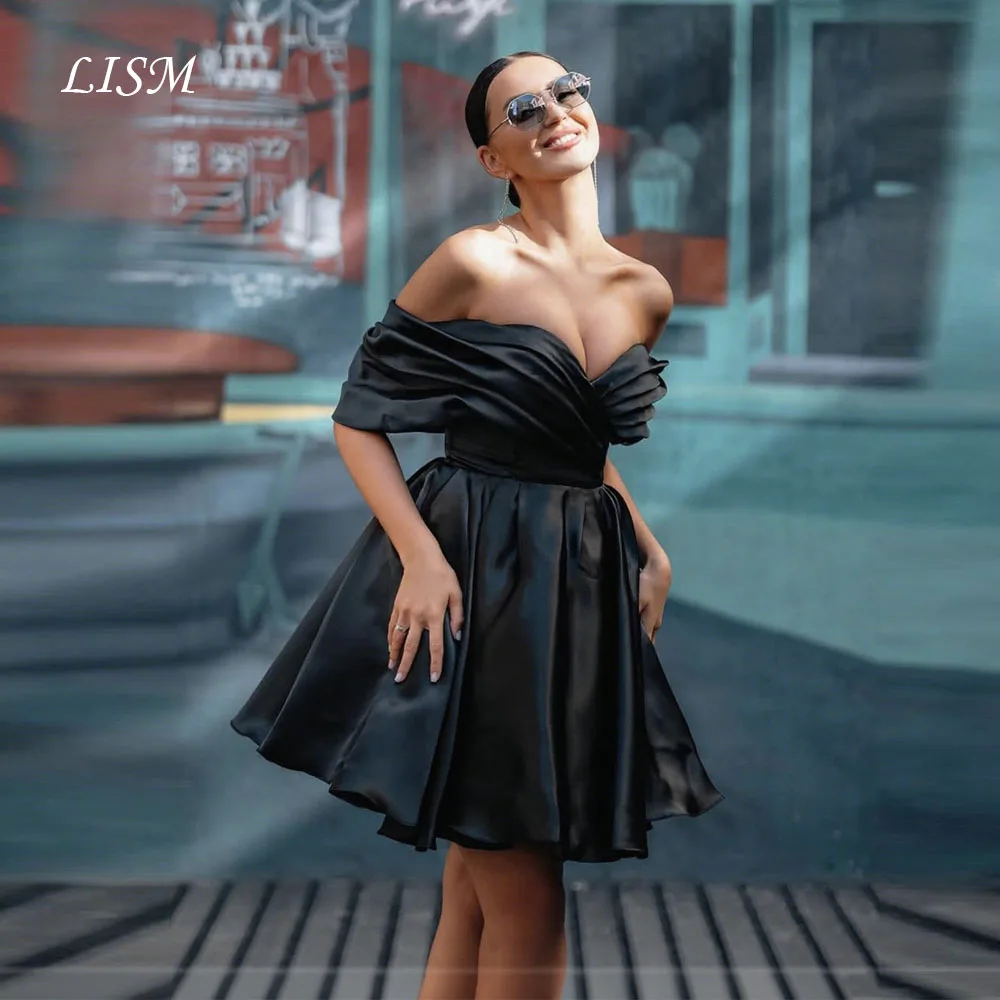 

LISM Simple Satin Customized Mini Women Prom Dresses Backless Homecoming Gowns Off Shoulder Formal Party Girl Dance Dresses