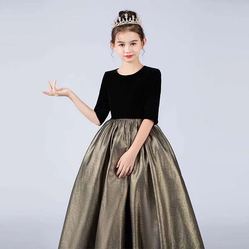 Zwart En Goud Meisje Jurken Bruiloft Bruidsmeisje Rok Meisjes Pageant Gown Floor Lengte Prom Jurken Instrument Prestaties