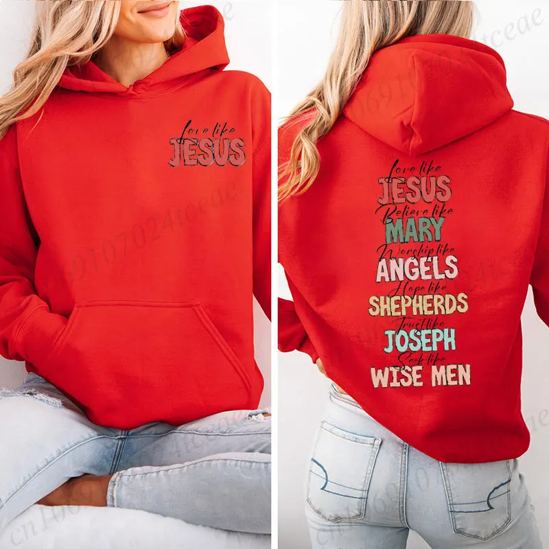 Retro Religious Christmas Hoodies Love Like Jesus Faith Graphic Sweatshirts Bible Verse Xmas Holiday Hoodies Santa Claus Gifts