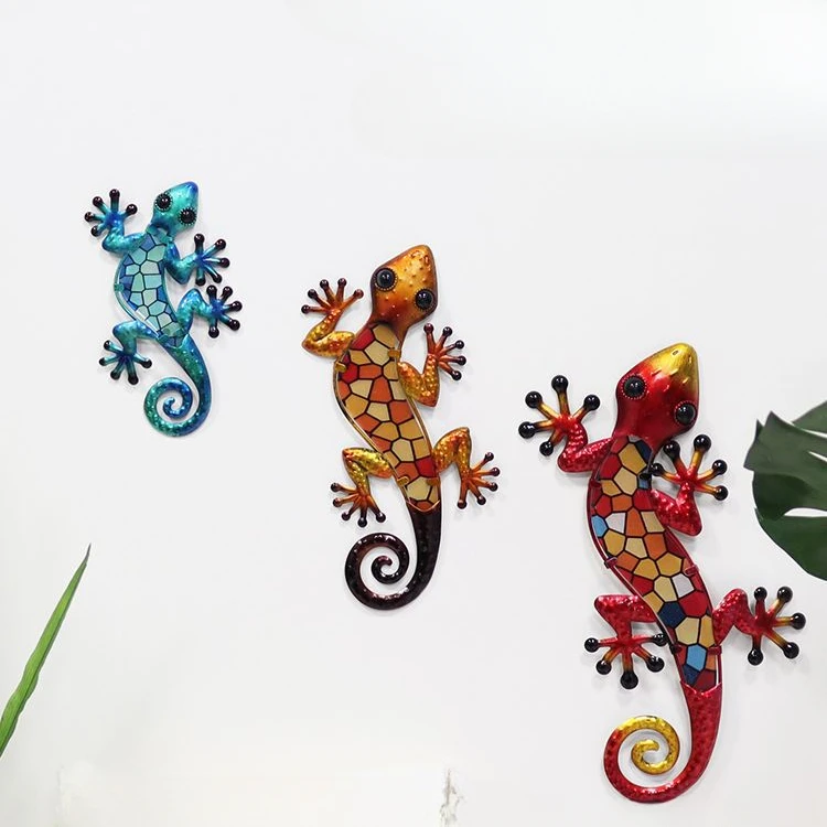 gecko wall decoration, garden courtyard decoration wall hanging set, colorful glass gecko Iron crafts for Kitchen Living Room