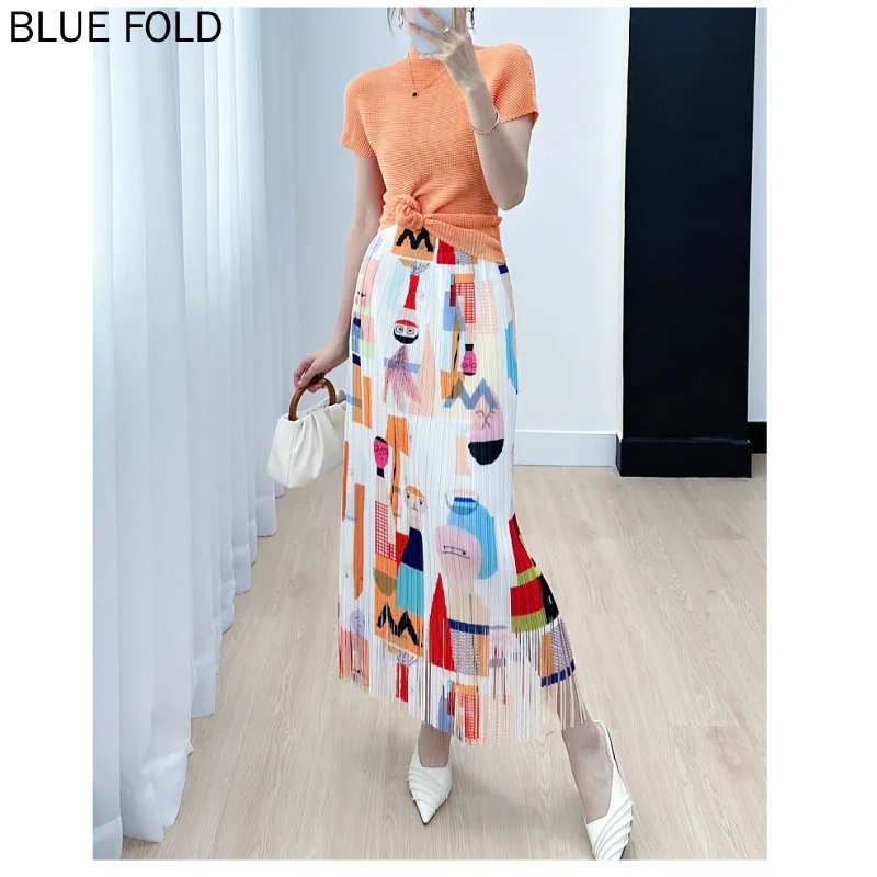 Miyake Printed Skirt for Women, Fringed Pleated Skirt, All-match Stretchy, Elegant, Long, Summer, New