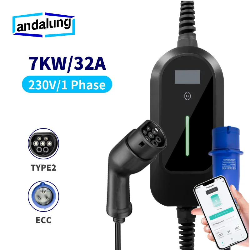 Andalung Portable EV Charger 7KW GBT With Screen 32A EVSE Charging With APP Control Type1 Electric Vehicle Plug