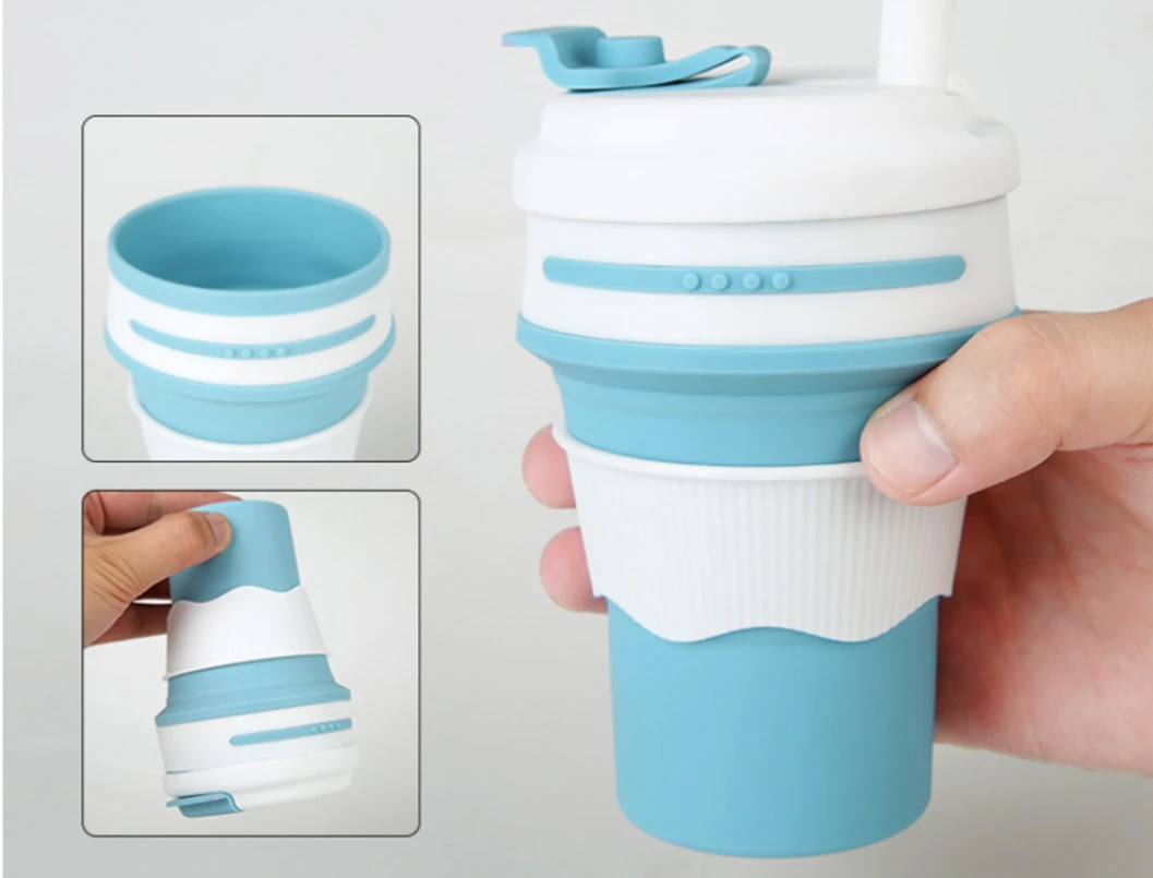 

Silicone Collapsible Drinking Cups Reusable Outdoors Portable 350ml Folding Cup Collapsible Coffee Cup For Traveling With Lid