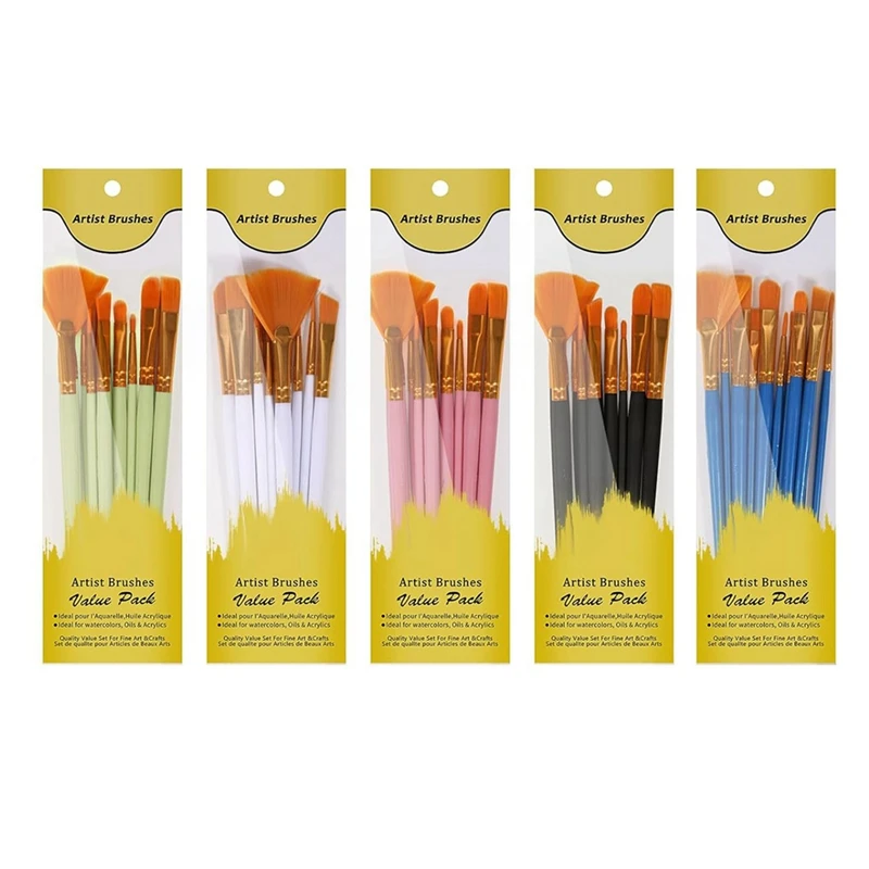 Acryl Penselen Set, 5 Packs/60Pcs Aquarel Borstels, Nylon Borstelkop, Voor Olieverfschilderij, Gouache