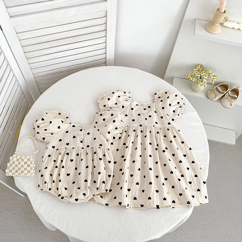2026 Neues Frühlings-Schwesterkleid 2-6 Jahre Mädchen Partykleid Baumwolle Kinder Herzförmiges Kleid 0-24 Monate Baby Mädchen Kurzarm Bedruckter Strampler – Detail 8