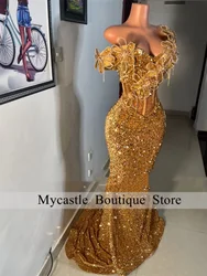 Stunning Gold Off Shoulder 3D Floral Tassel Diamond Prom Dress Sequin High Slit Sheer Corset Evening Prom Gown Customized