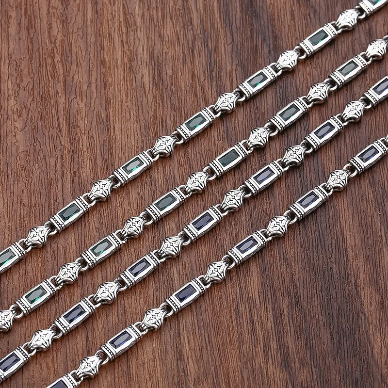 Vintage Distressed Thick Chain Necklace With Green Zircon Pattern, Unique Trend Unisex Fashion Jewelry