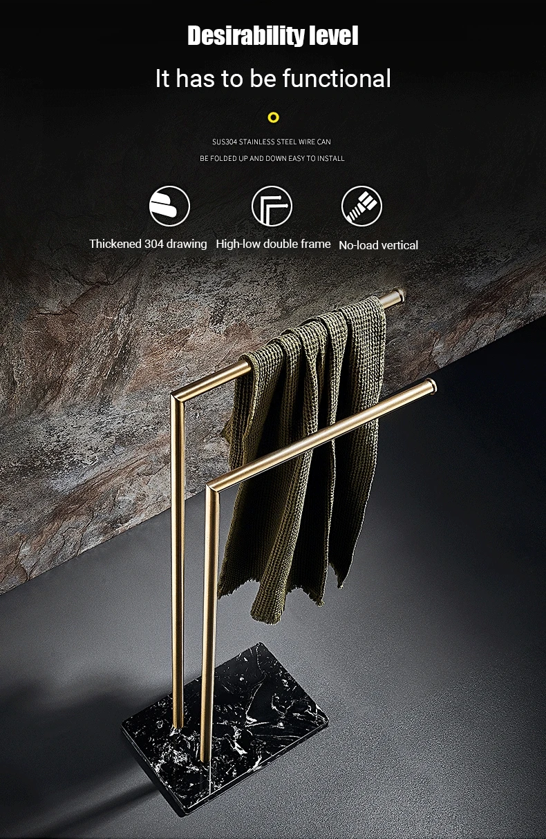 Floor Standing Marble Stone Base Luxury Hotel Towel Rack Holder Towel Storage Shelf Brush Gold Towel Bar FR1052