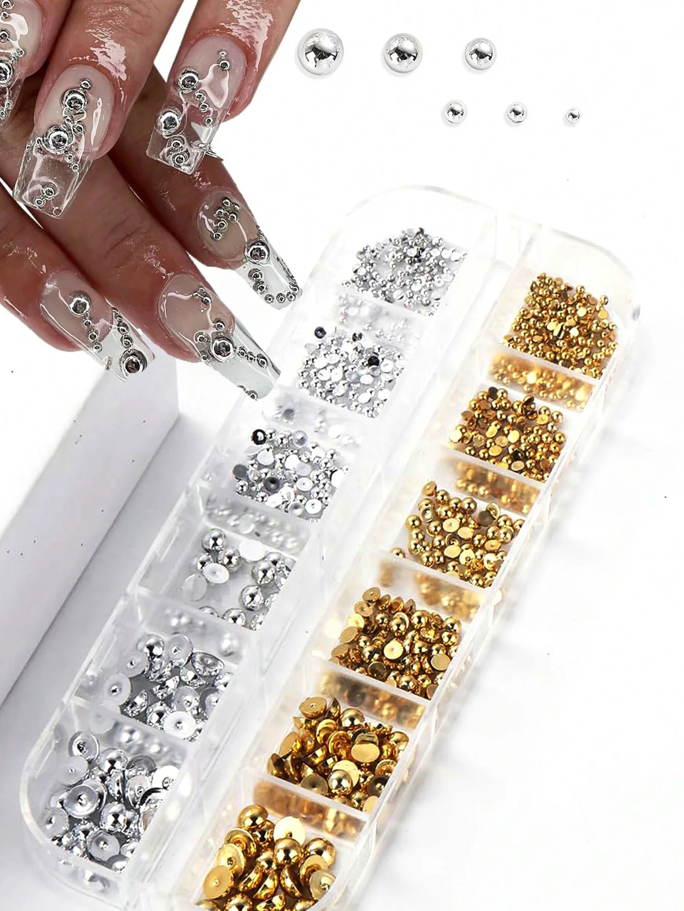 ลูกปัดตกแต่งเล็บทรงครึ่งวงกลม 12 ช่อง สีทอง+เงิน เมทัลลิก แบบแบนหลังเรียบ ขนาดผสม