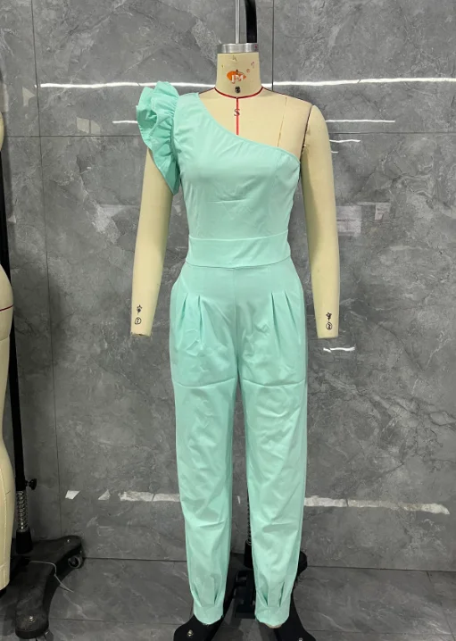 Women Jumpauits Temperament Commuting Female Clothes Pocket Design Casual Women\'s Elegant One Shoulder Ruffles Cuffed Jumpsuit