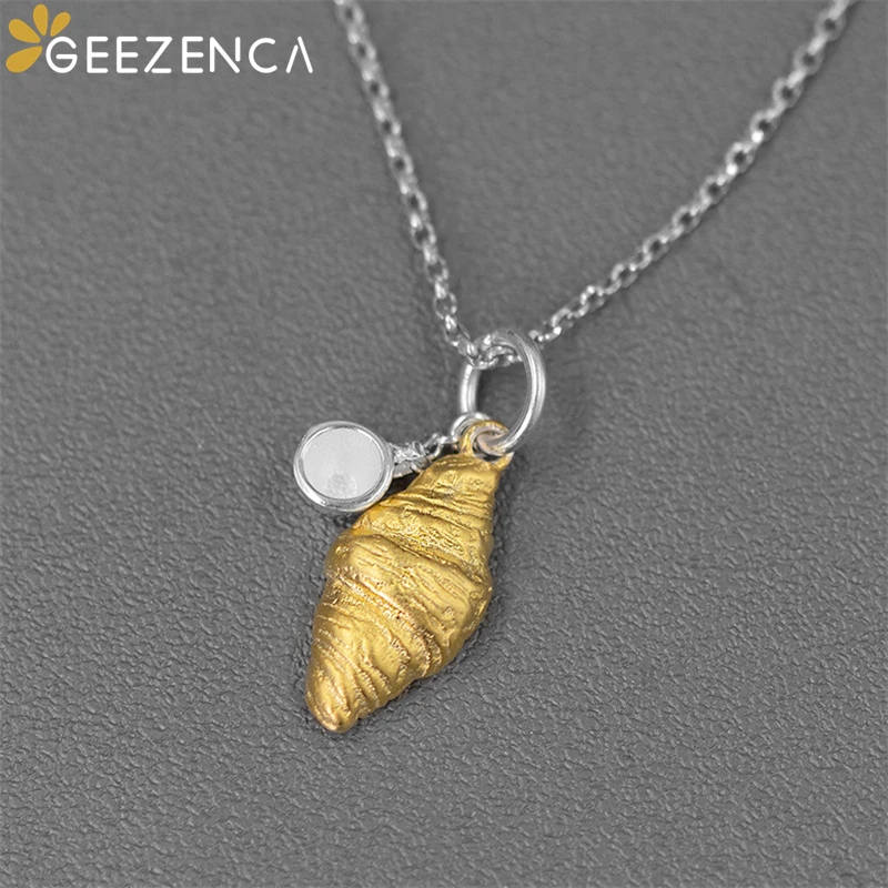 GEEZENCA 925 Silver Two Tone 3D Croissant Cup Pendant For Women Cute Unique Design Necklace Pendants Without Chain 2024 New Gift