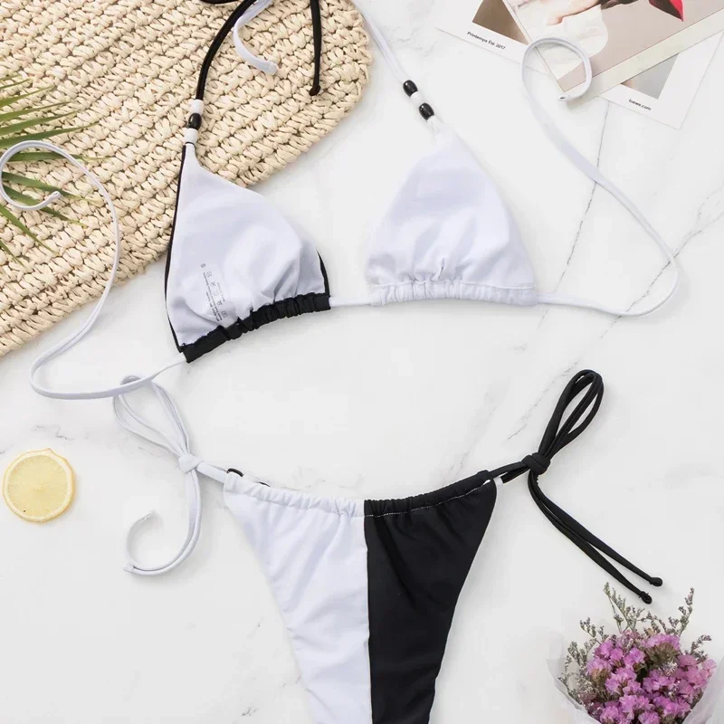 بدلة سباحة مكونة من قطعتين باللون الأسود والأبيض للنساء، بيكيني رفيع برباط عالي الخصر لعام 2024، ملابس سباحة بدون ظهر بحمالات