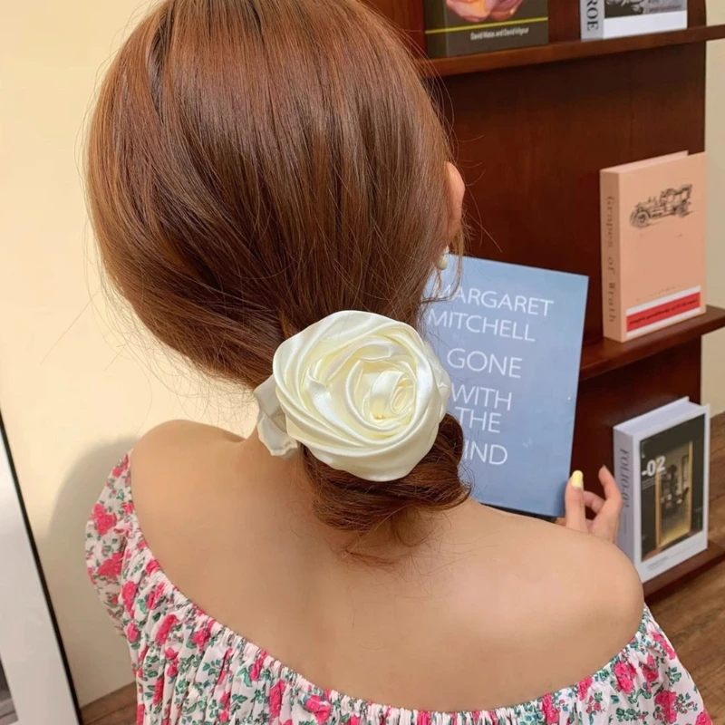 Large Intestine Hair Rings Scrunchies Big Flower Satin Hair Rope Hair Bands Decoration Elegant Elastic Ponytail Holders