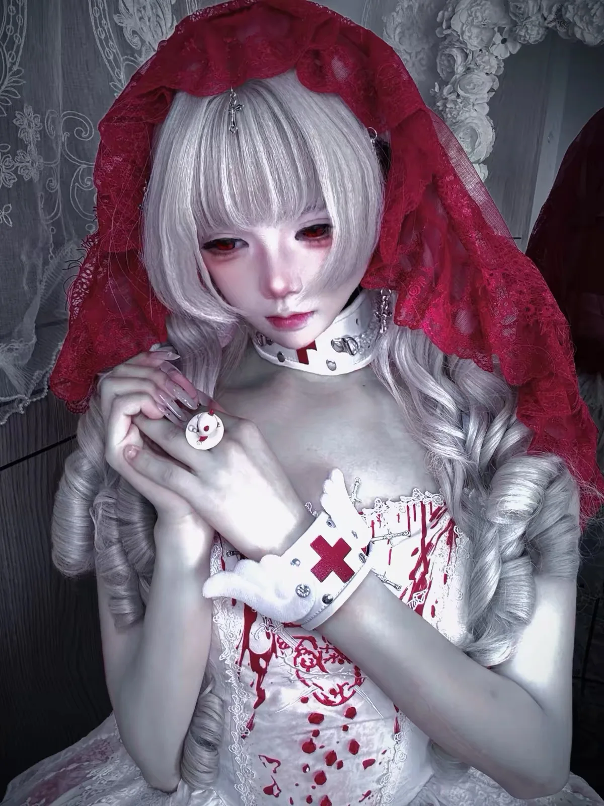Handmaded Evil Headpiece Lolita Red Lace Cross Gothic Headband Y2K Wedding Veil KC Cosplay Ruffled Hair Accessory