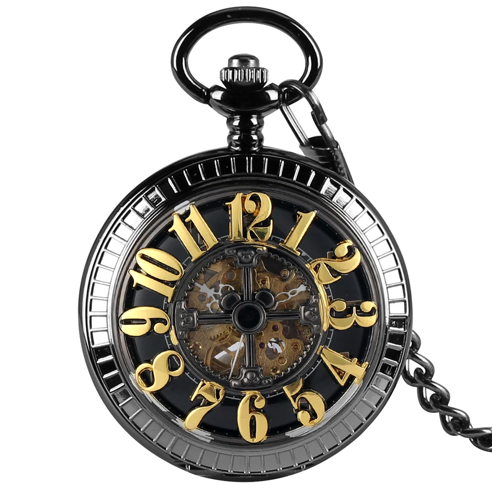 Retro Black Men's Self Winding Mechanical Pocket Watch Hollow Gold Arabic Numerals Design Antique Pendant Watch Pocket Chain