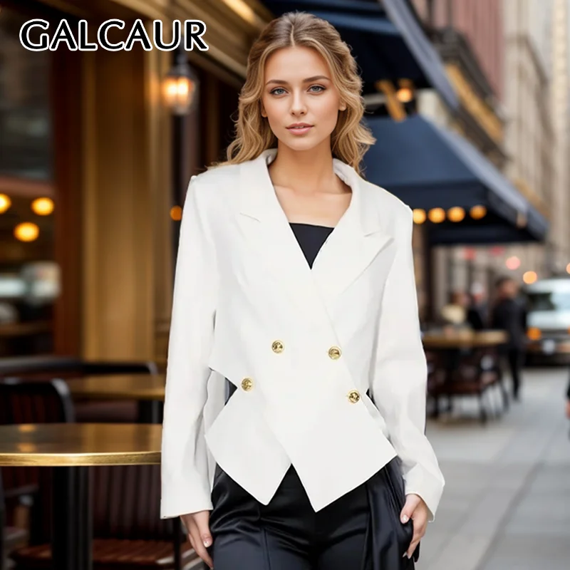 

GALCAUR Solid Patchwork Button Irregular Short Blazer For Women Notched Collar Long Sleeve Minimlaist Casual Coats Female Autumn