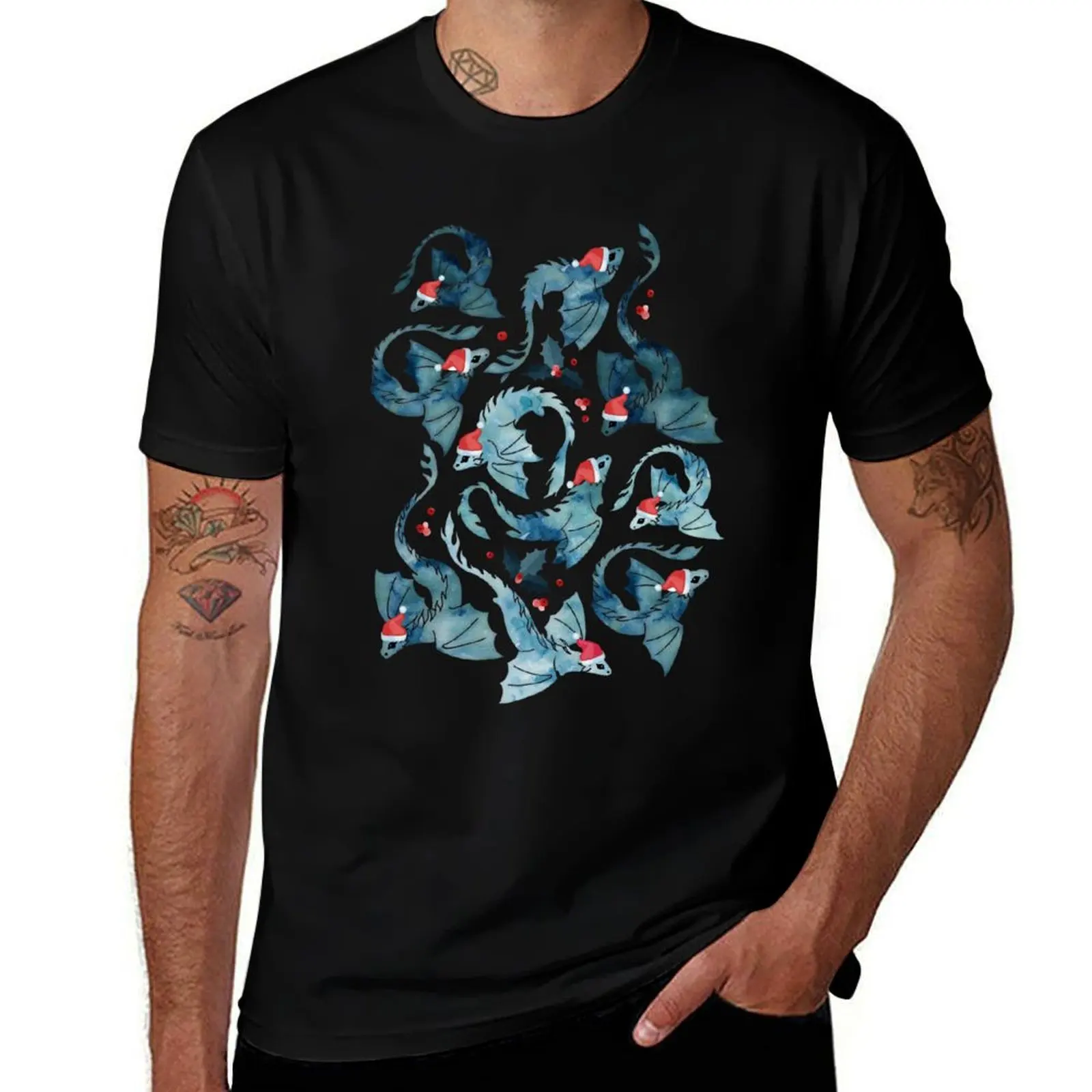 Dragon fire blue Christmas holly T-Shirt Soft Cotton Print T-Shirt