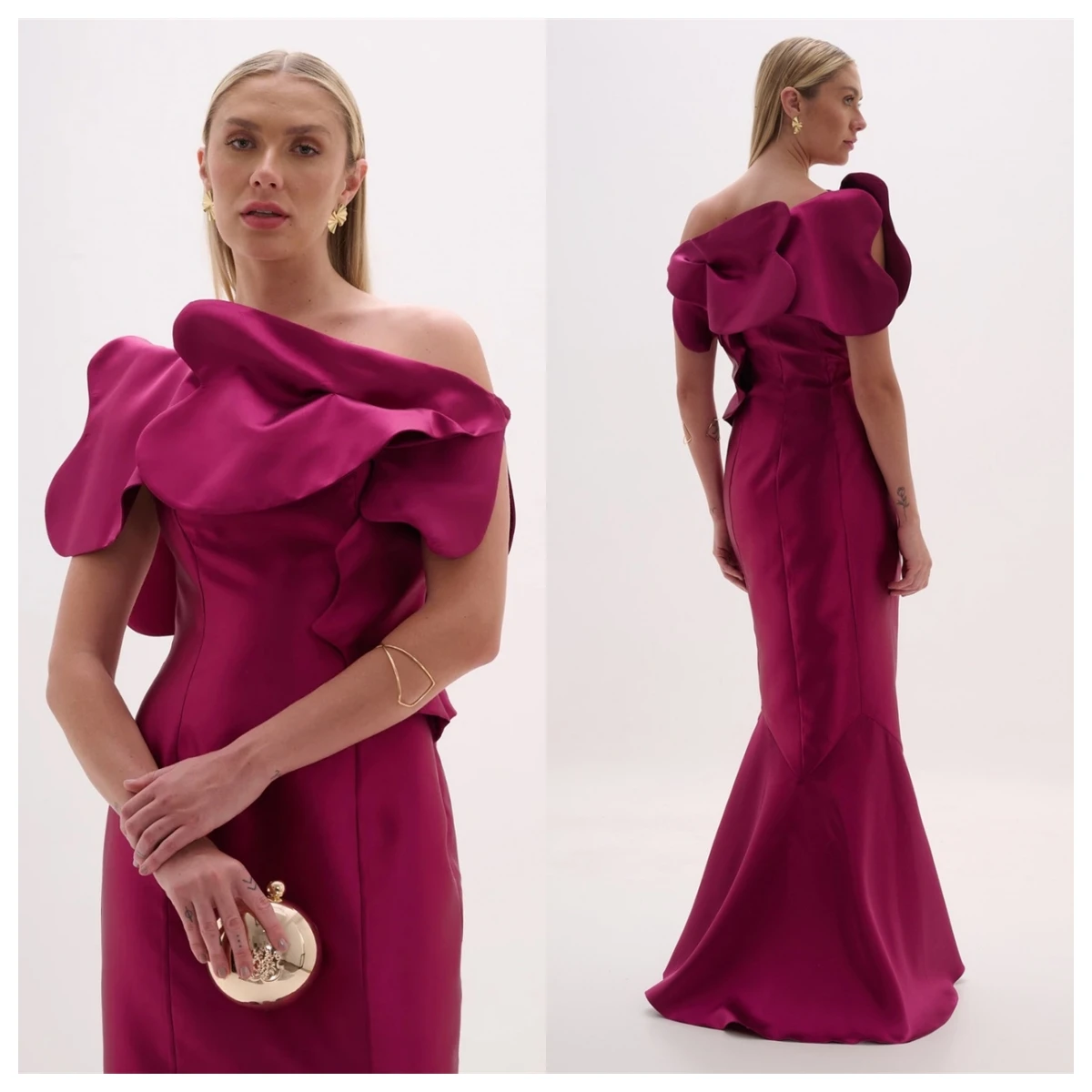

Customized Fashion Fuchsia Satin Evening Dress Off the Shoulder Sleeveless Party Dress Elegant Bespoke Occasion Gowns