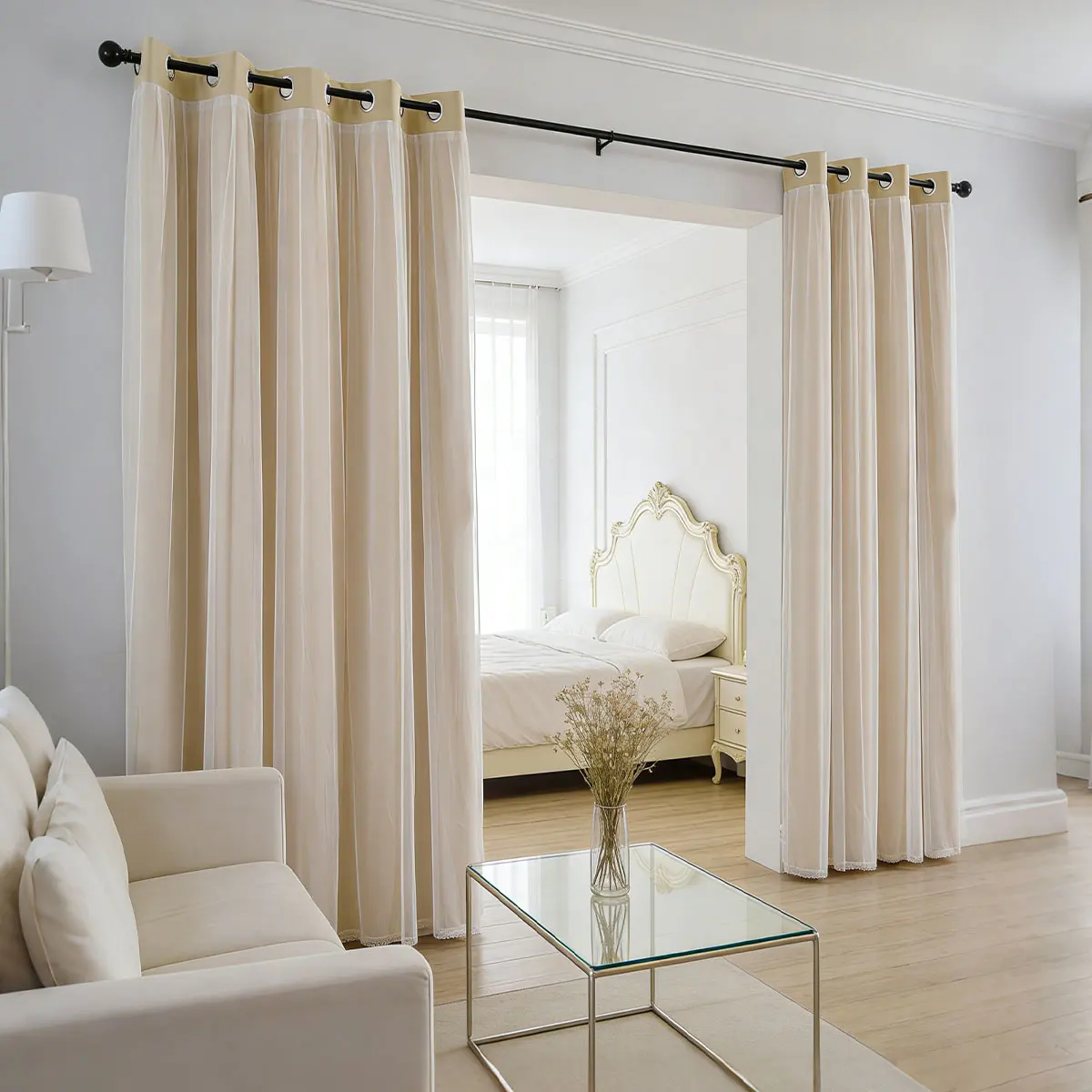 Milk Tea Double Layer Grommet Medium Shading Partition Curtain, Decor Room Divider for Household Doorway