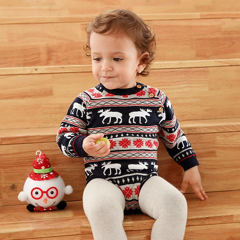 Newborn Sweater Romper Baby Girl Boy Christmas Knitted Jumpsuit Reindeer Outfit Warm Onesie Cute Baby Fall Winter Clothes