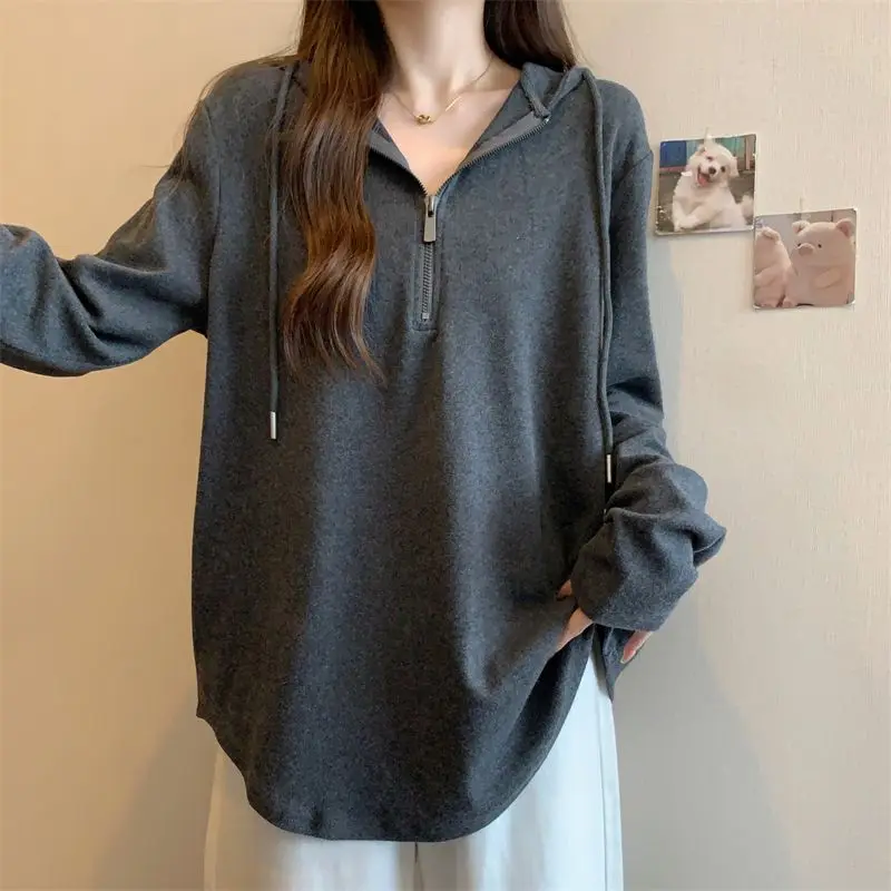 

Basic Long Sleeve Zipper T-shirt Female Clothing Solid Color 2024 Spring Autumn Casual Loose Hooded Stylish Drawstring Pullovers