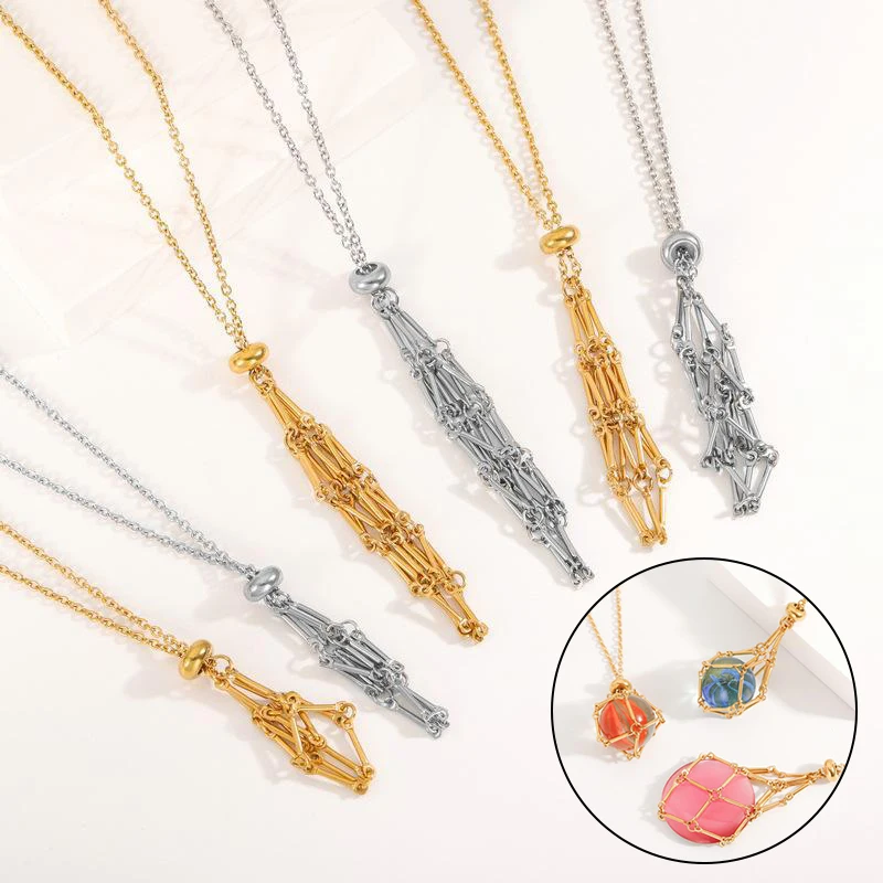

Stainless Steel Design Crystal Cage Necklace Holder Women Men Net Metal Chain Stone Collecting Holder Adjustable Pendant Jewelry
