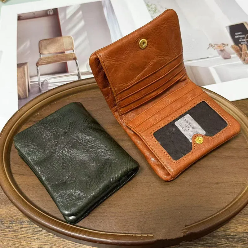 Unisex Top Layer Cowhide Folded Wallet Genuine Leather Bifold Purse Multi Card Slots Coin Pocket Men Women Small Card Holder