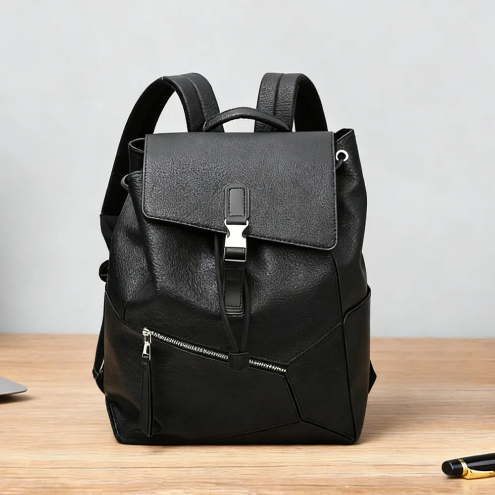 Luxuriöser Lederrucksack für Herren, Modischer Schnallenverschluss-Rucksack, Business-Laptop-Tasche, Große Kapazität, Reisetaschen, Schultaschen – Detail 3